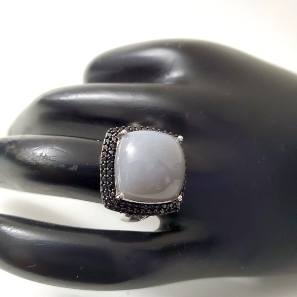 Jewelry - Sterling Silver 925 Solitaire Chalcedony Black Spinel Halo Ring